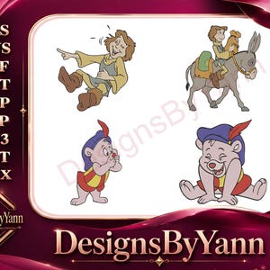 Puede incluir: Diseño de bordado digital con cuatro personajes de dibujos animados. Un personaje se ríe, otro monta un burro y otros dos están en poses juguetonas. El logotipo de DesignsByYann está en la esquina inferior izquierda.