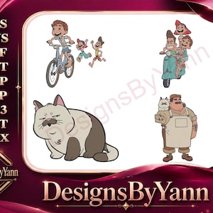 May include: Digital design featuring cartoon characters on a white background. The image includes a boy on a bicycle, children running, a family on a scooter, a cat, and a man with a cat. The text "DesignsByYann" is at the bottom.