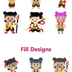 Könnte beinhalten: Applikations- und Fülldesigns mit Zeichentrickfiguren in verschiedenen Posen. Die Figuren tragen rote, gelbe und schwarze Outfits mit unterschiedlichen Frisuren und Gesichtsausdrücken. Einige halten Fackeln oder Speere. Der Text "Applique Designs" und "Fill Designs" wird angezeigt.