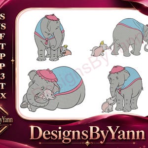 Puede incluir: Diseño digital con cuatro ilustraciones de elefantes. Cada elefante es gris con un sombrero rosa y un cuello azul. Las ilustraciones incluyen una madre y un bebé elefante. El texto "DesignsByYann" está en la parte inferior.