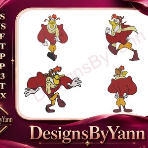 Può includere: Un design digitale con quattro illustrazioni di un'anatra dei cartoni animati in varie pose. L'anatra indossa una giacca rossa, pantaloni gialli, una sciarpa e occhiali da aviatore. Il design include il testo "DesignsByYann".