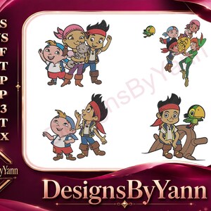 Può includere: Design di ricamo digitale con personaggi dei cartoni animati dello show Jake e i Pirati dell'Isola che non c'è. L'immagine include più scene con i personaggi in varie pose, con sfondo bianco e bordo amaranto.