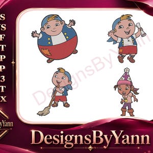Può includere: Un design digitale con quattro personaggi dei cartoni animati a tema pirata in varie pose. I personaggi indossano abiti a tema pirata, uno con una pergamena e l'altro con una scopa. Il design include il testo "DesignsByYann".