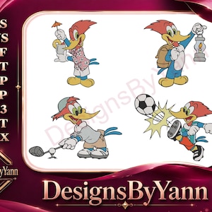 May include: A digital design featuring Woody Woodpecker in four different poses. He is shown with a drink, a lantern, playing golf, and kicking a soccer ball. The design is set against a white background with a maroon border and the text "DesignsByYann".