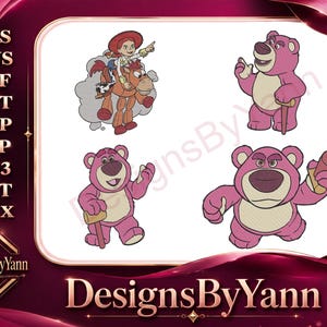 May include: Embroidered designs featuring characters from the Toy Story franchise. Includes Jessie riding Bullseye, and Lotso the bear in various poses. The DesignsByYann logo is at the bottom.