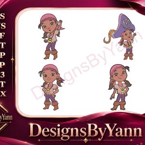 Può includere: Quattro illustrazioni di cartoni animati di una giovane pirata con una bandana rosa, pantaloni viola e stivali marroni. L'immagine include il testo "DesignsByYann" e varie abbreviazioni di formati di file.
