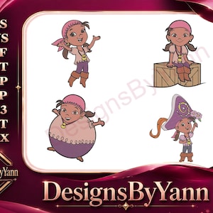 Può includere: Design digitale con quattro illustrazioni di cartoni animati di una ragazza in varie pose. Indossa una bandana rosa, un top colorato chiaro e pantaloni viola. L'immagine include il testo "DesignsByYann" e abbreviazioni di formati di file.