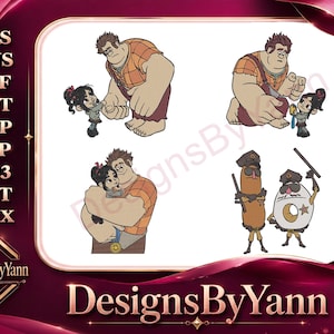 Wreck It Ralph And Vanellope Friendship Hugs - Ralph With Fix It Felix Jr And Calhoun - Disney Movie Characters - Filled Embroidery Design