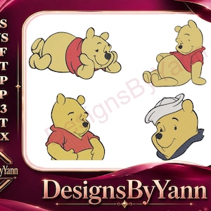 Può includere: Un design di ricamo digitale con quattro illustrazioni di un orso giallo in diverse pose. L'orso indossa una camicia rossa in tre delle illustrazioni e un cappello da marinaio nella quarta. Il design è su sfondo bianco.