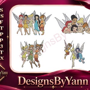 Peut inclure: Conception numérique présentant plusieurs illustrations de fées ailées. Les fées sont représentées dans diverses poses et tenues, avec différentes couleurs de peau et de cheveux. Le design comprend le texte "DesignsByYann" et des abréviations de types de fichiers.