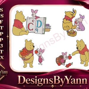 Pode incluir: Um design digital com Winnie the Pooh e Piglet em várias cenas. Pooh é mostrado com um livro, uma cesta de maçãs e interagindo com Piglet. O design é definido em um fundo branco com uma borda decorativa.