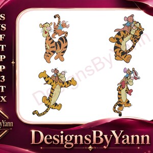 May include: Digital design featuring four illustrations of Tigger from Winnie the Pooh. Each image shows Tigger with a friend. The design includes the text "DesignsByYann" and file type abbreviations.