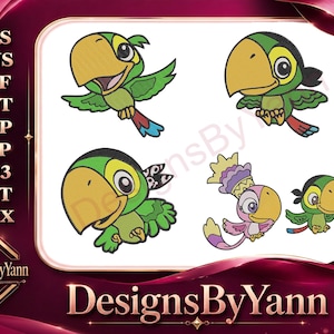 Può includere: Design digitale con quattro pappagalli dei cartoni animati in verde, giallo e rosso. I pappagalli hanno varie pose ed espressioni. Il design include il testo "DesignsByYann" e abbreviazioni del tipo di file.
