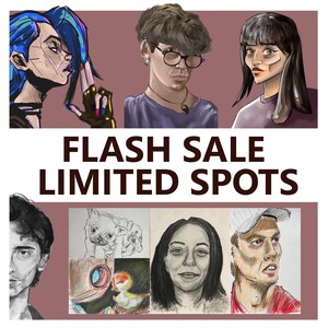 Può includere: Ritratti di arte digitale di varie persone, tra cui una persona con i capelli blu e una persona con gli occhiali. L'immagine include anche schizzi di animali e un'anatra. Il testo recita "FLASH SALE LIMITED SPOTS."