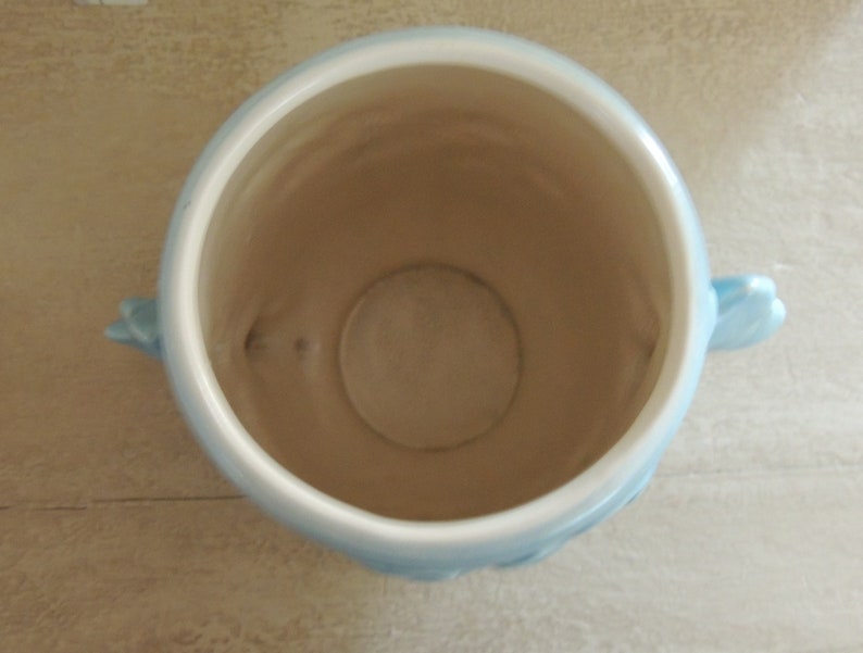 May include: A light blue ceramic planter with two handles. The planter is empty and has a smooth, glazed finish.