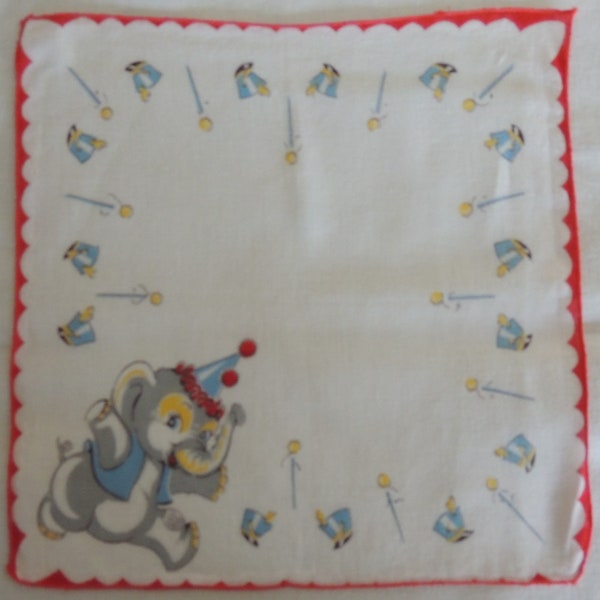ELEPHANT HANKY Vintage Cotton Child's Handkerchief with a Circus Elephant w/ Hat and Baton 8.5" Square Soft Cotton White w/ Red Trim