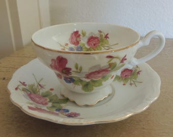PRETTY FLORAL Vintage Cup and Saucer Set Made Midcentury in Occupied Japan Pink Peonies? and Roses Sweet Collectible Cup and Saucer Set