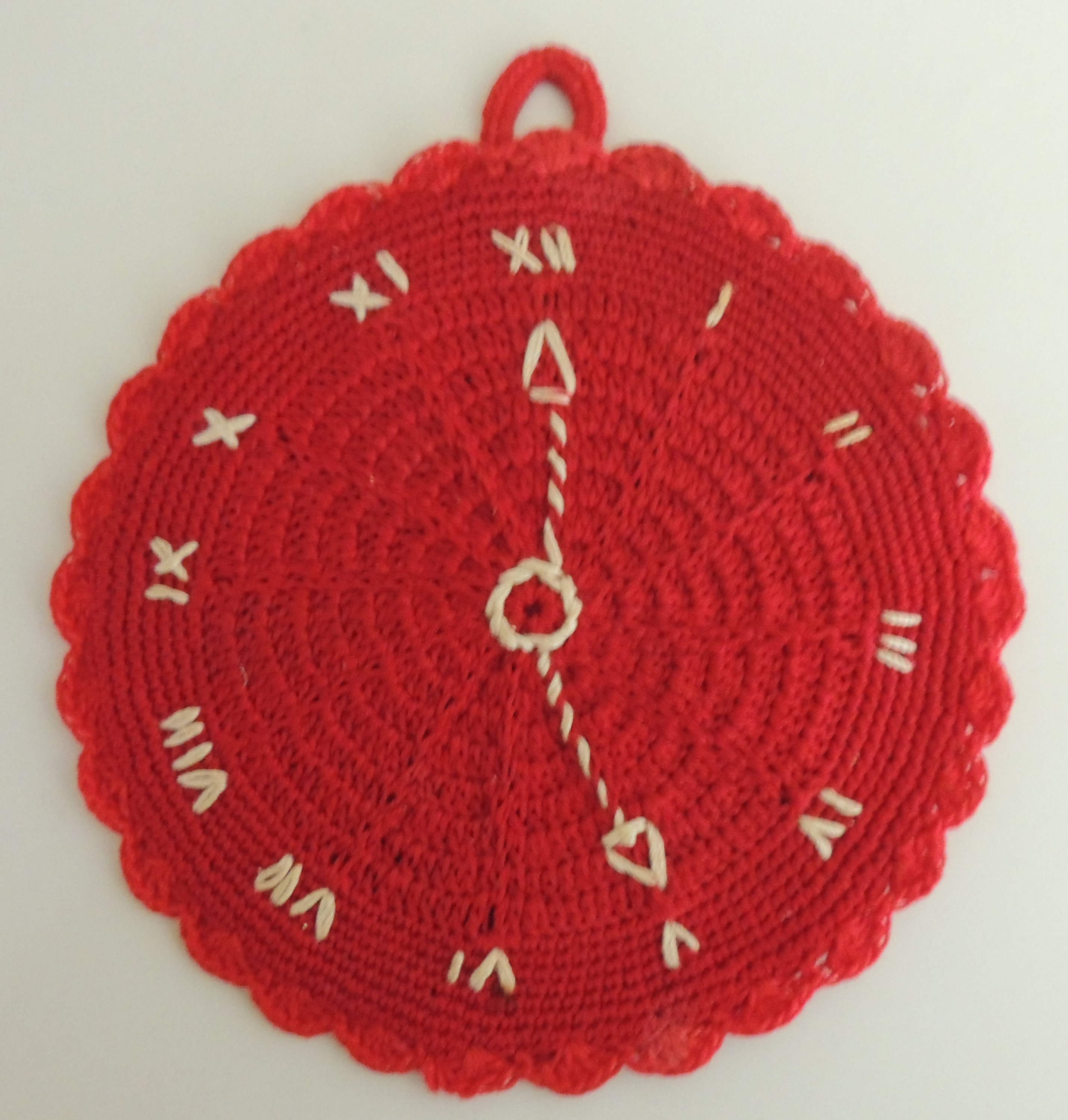 CROCHETED "CLOCK" Vintage Red Hot Pad or Trivet Hand Crocheted Red Clock Face with White Numerals 6" Across 1950s Nice Work Retro Kitchen