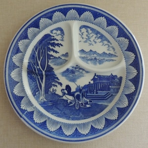 May include: A blue and white divided plate with a scenic design. The plate is divided into three sections, each featuring a different scene. The center section depicts a horse-drawn carriage with a driver and a passenger. The other two sections feature landscapes with trees, mountains, and buildings.