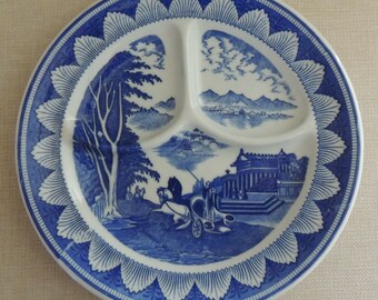 DIVIDED GRILL PLATE with Rare Roman Design 9.75&quot; Blue & White Transferware Heavy Restaurant-Style Plate Staging Props or For Daily Use