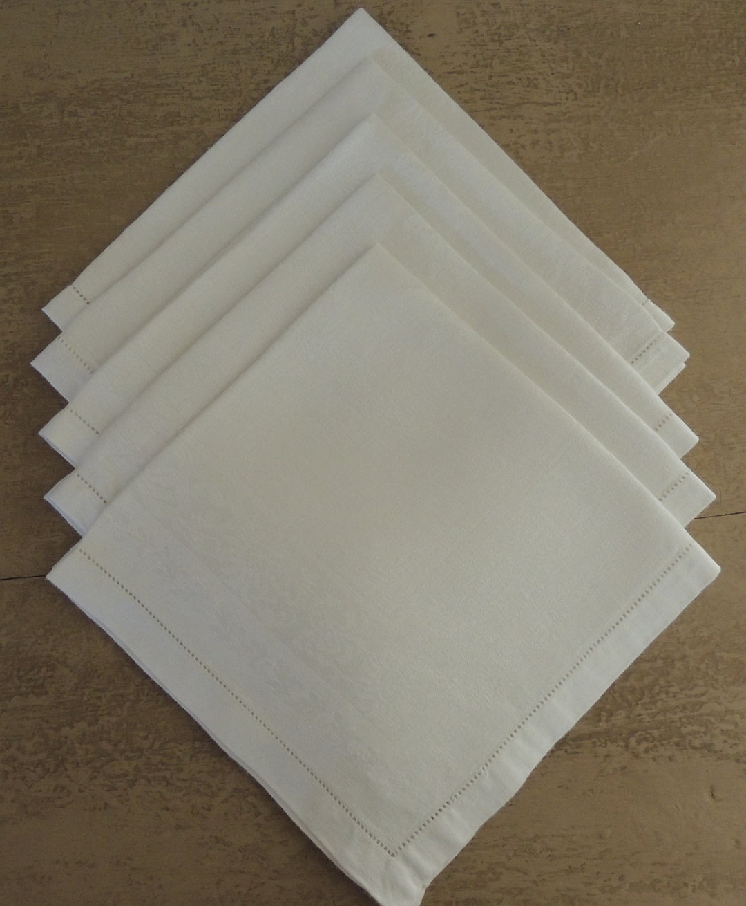 5 COTTON DAMASK Napkins 16 Square Vintage Hemstitched White Cotton