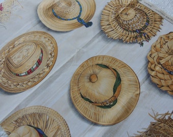 PIERRE FREY PARIS Fabric Sample "Marie Galante" Fanciful Straw Hats 27" by 36" Woven Cotton Excellent Condition for Pillow or Frame