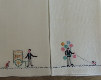 2 GUEST TOWELS Vintage "Huck" Weave Cotton 14" by 21" Guest Towels with Embroidered Street Vendors Balloon Man & Organ Grinder