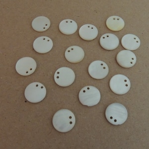 17 RARE BUTTONS Vintage Mother of Pearl Buttons 9/16&quot; Two Holes on Edge Sew-Through Lovely for Sewing, Collecting, Altered Art, Collage