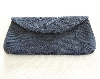 BLACK BEADED CLUTCH Mid-Century Evening Bag Made in Japan Excellent Condition Snap Closure Elegant Wear Period Costuming Classic Fashion