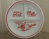 1930s BABY PLATE Milk Glass Divided Plate quot Little Bo Peep quot in Red on White Vitrock by Fire King Very Nice Condition Nursery Decor Kitchen
