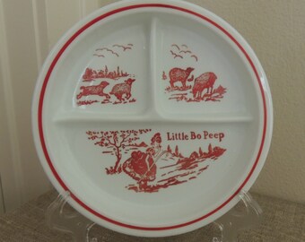 1930s BABY PLATE Milk Glass Divided Plate "Little Bo Peep" in Red on White Vitrock by Fire King Very Nice Condition Nursery Decor Kitchen