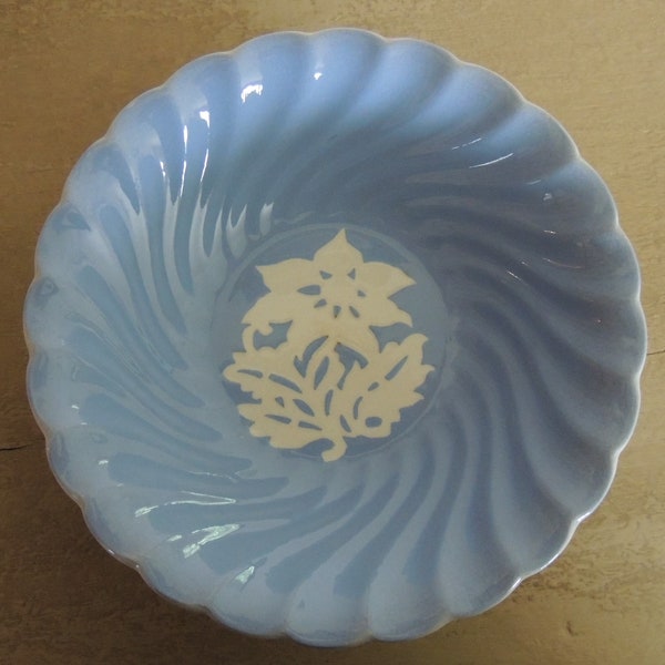 CAMEO WARE BOWL Vintage Harker Pottery Cameoware Blue and White 9" Serving Bowl Floral Design Lovely Old Soft Blue with Swirl/Scallop Design