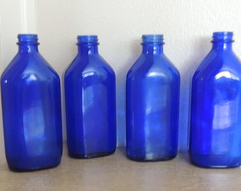 4 COBALT BOTTLES Vintage 7" Blue Glass Bottles Midcentury Medicine Bottles 2" by 2.75" Base Home Decor, Staging, Wedding Decor