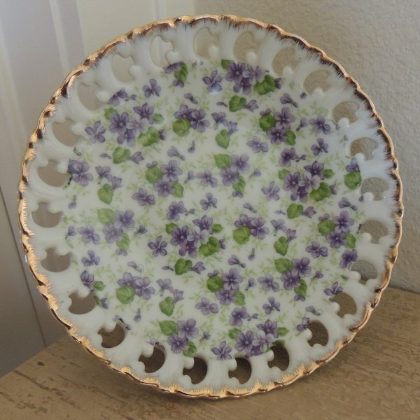 CHINTZ VIOLETS Vintage LEFTON Hand-Painted Porcelain Compote Dish on Stand w/ Cut-Outs Brushed Gold Edge 7 1/8" Across 4 1/8" Tall Mark 650V