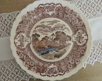 VERNON&#39;S 1860 Dinner PLATE 11&quot; Vernon Kilns 1940s California Pottery Brown Transferware Hand-painted Under Glaze Romantic Table Cottage Chic