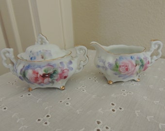 MINI CREAM & SUGAR 2.5" Tall Covered Sugar Bowl and Matching Creamer 1950s Hand-Painted w/Pink Roses Made in Japan by Takiro Charming Set