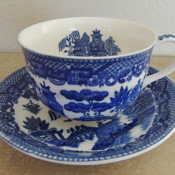 2 BLUE WILLOW 1950s Cup and Saucer SETS Vintage Blue and White Pieces Handsome Midcentury Blue & White to Use or Display Some Age Distress