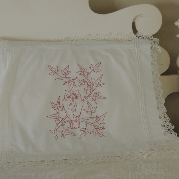 RED WORK OWL Design Red on White Pillow Cover Turkey Work 24" by 27" Hand-Stitched Overlay Crocheted Trim Very Nice Bedroom Decor or Framing