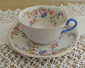CHINTZ TEACUP & SAUCER Set Rieber Mitterteich Bavaria German Porcelain Cheerful Floral Border 1930s China Cottage Chic
