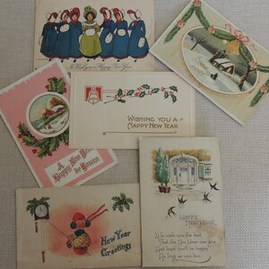 6 NEW YEAR'S POSTCARDS Antique Postcards Wonderful Graphics & Sentiments Collage or Crafts, Paper Ephemera Altered Art