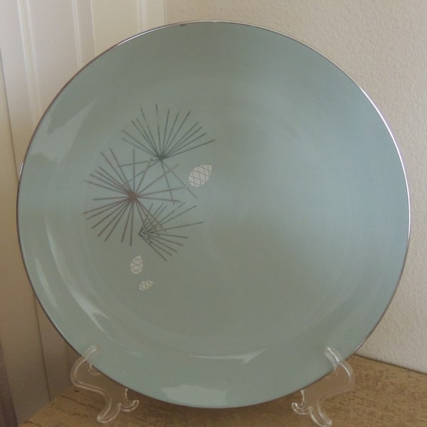 SILVER PINE 10.5" Dinner Plate by Franciscan Masterpiece China MCM Aqua Blue and Silver Handsome, Very Nice