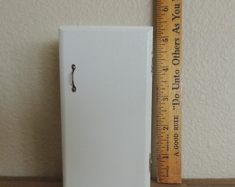 Vtg DOLLHOUSE REFRIGERATOR / Cupboard 1:12 Miniature HANDMADE Wood 3 Slide-Out Shelves Painted White 5" Tall 2.75" Wide Hinged Door w/Handle