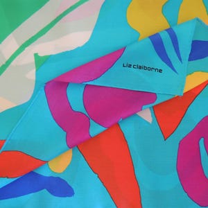 LIZ CLAIBORNE SCARF Vintage 31&quot; Square Brightly Colored Abstract Design Hand-Rolled Hem Excellent Condition