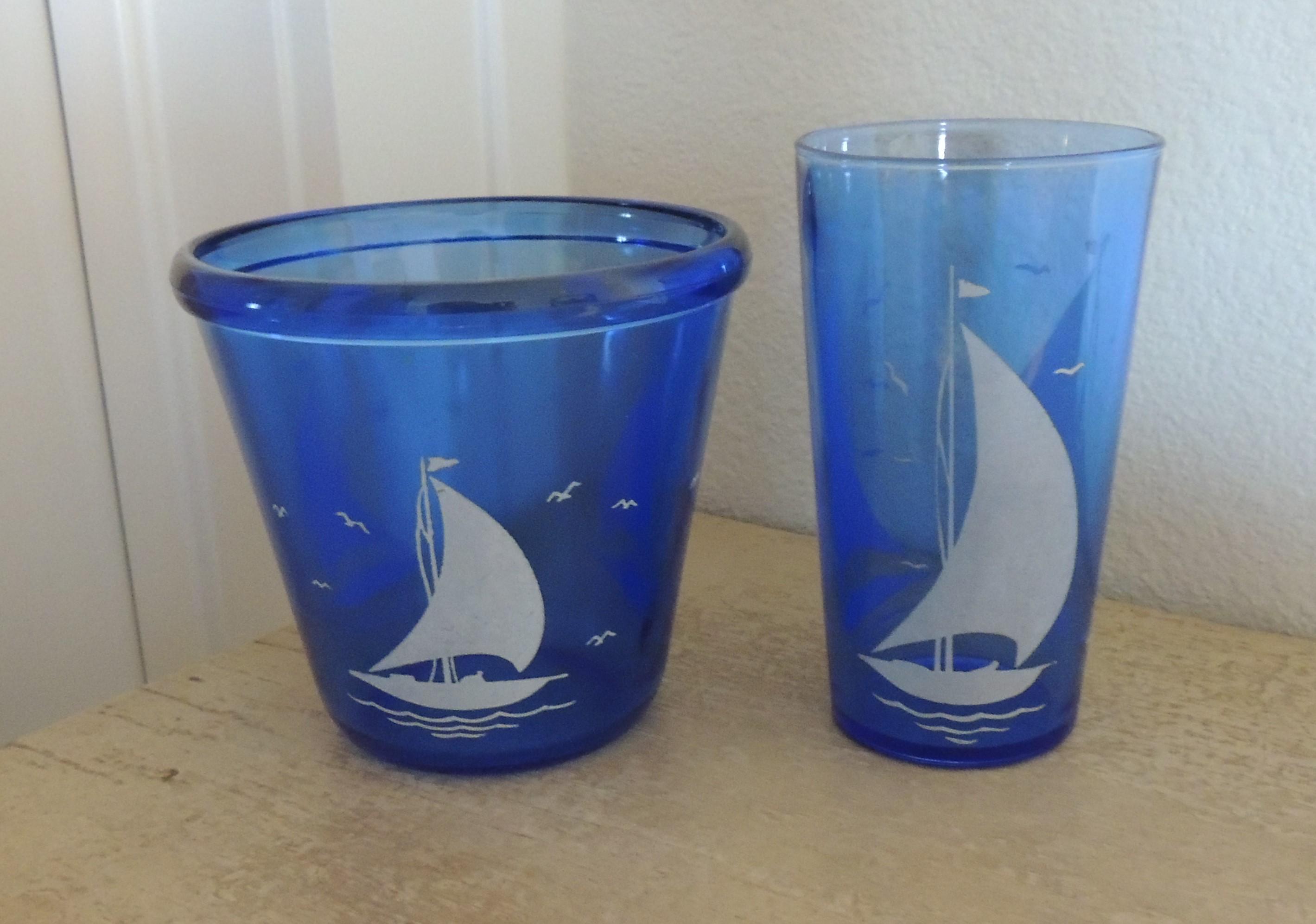 SAILBOATS on BLUE GLASS Vintage 4 1/8" Ice Bowl and 5" Drinking Glass Blue Glass/White Boats Midcentury Hazel Atlas Glass
