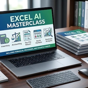 Op de afbeelding: Een laptop toont "EXCEL AI MASTERCLASS" met financiële iconen. Een toetsenbord, muis en spiraalgebonden notitieboeken liggen op een houten bureau. Boeken over boekhouding zijn zichtbaar op de achtergrond. Het thema is Excel-training.