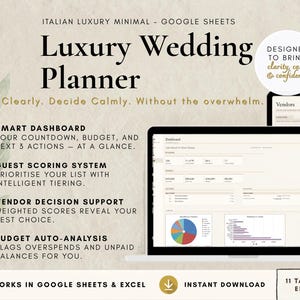 May include: A digital wedding planner displayed on a laptop and tablet. The planner includes a smart dashboard, guest scoring system, vendor decision support, and budget auto-analysis. Text on the image reads "Luxury Wedding Planner" and "Designed to bring clarity, calm & confidence."