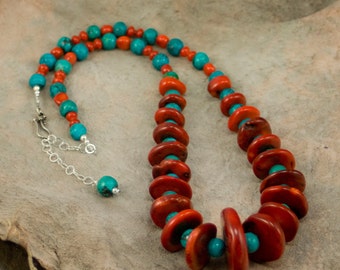 Turquoise and Graduated Coral necklace with Sterling Silver clasp and extension