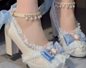 Fairycore Shoes: Coquette Floral Lace Embellished Heels - Blue