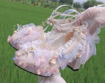 Fairycore Shoes: Coquette Floral Lace Embellished Heels - Pink