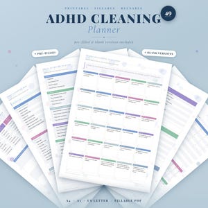 Puede incluir: Una colección de planificadores de limpieza para TDAH imprimibles. Los planificadores son blancos con acentos coloridos e incluyen versiones pre-rellenadas y en blanco. El texto en la imagen dice "ADHD CLEANING Planner" y "Imprimible, Rellenable, Reutilizable".